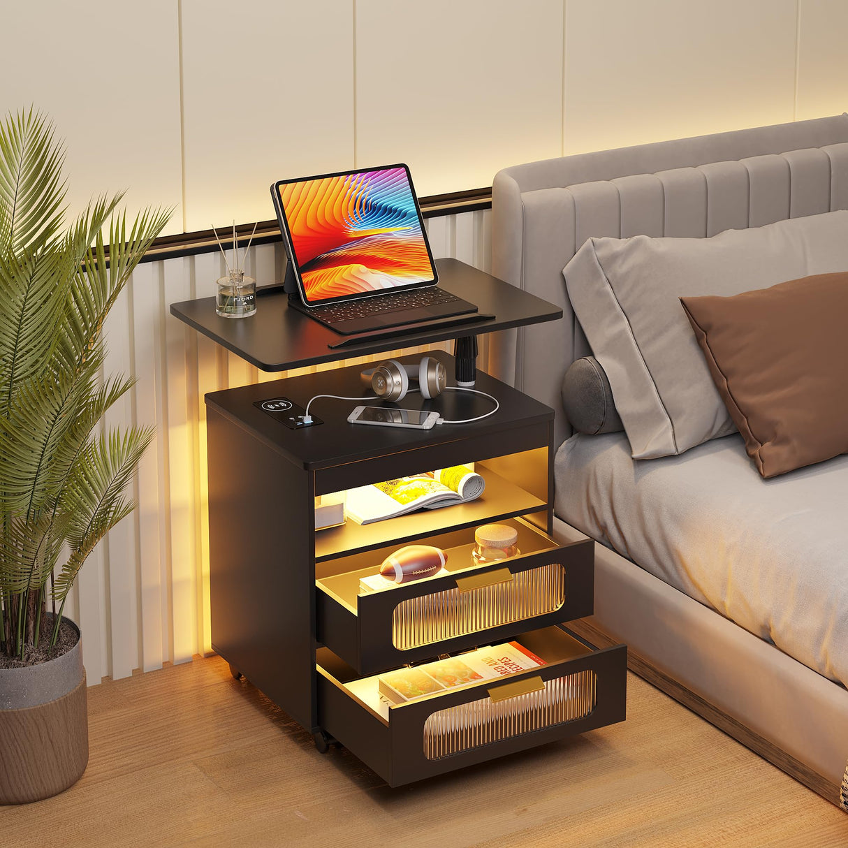 HNEBC Nightstand with Wireless Charging Station, LED Nightstand Has Adjustable Rotary Workstation,Smart Night Stand with 2 Drawers,Modern Bedside Table for Bedroom, Sensor Light/Wheel (Black) HNEBC