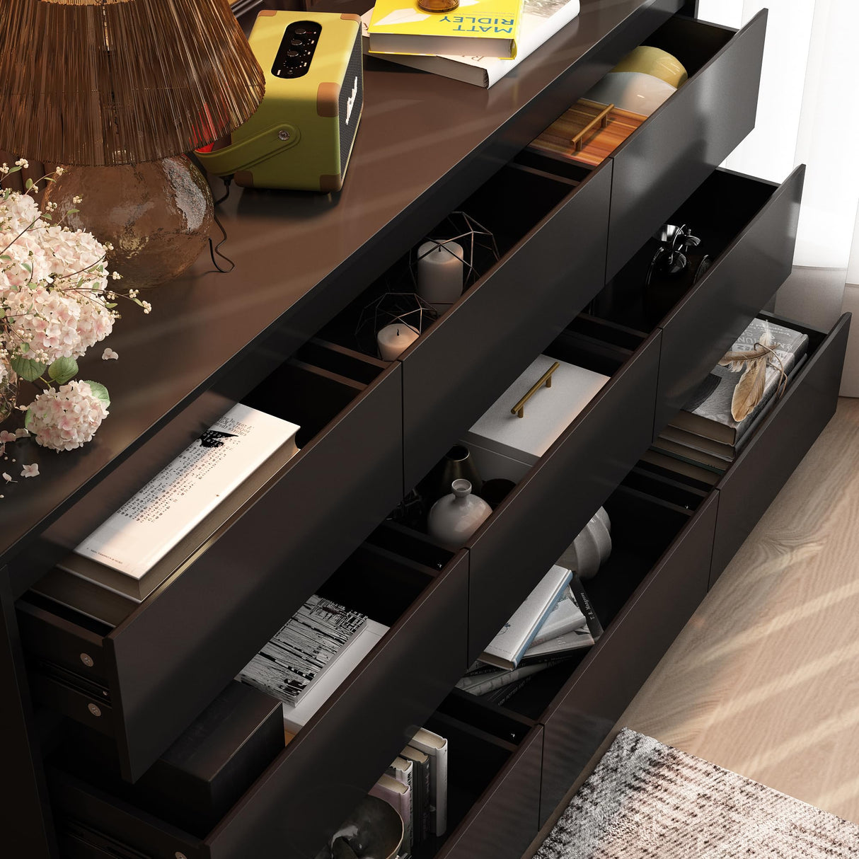 Hitow Dresser for Bedroom with 9 Deep Drawers, Large Modern Chest of Drawers Handle Free, Freestanding Black Long Dressers for Closet Living Room, Ball Bearing Slide (63" W x 15.7" D x 31.5" H) Hitow