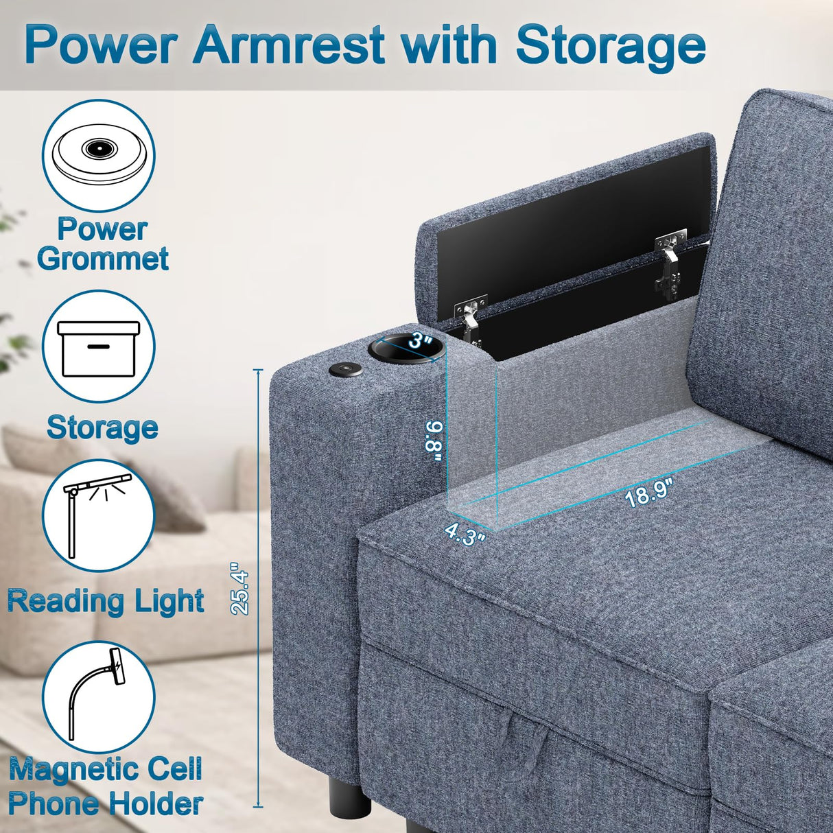 beyond SMART Modular Sectional Sofa,Multifunctional Couches for Living Room with Storage, Armrest with Power Grommet and Cup Holder, Wireless Charging Stand & LED Light Included beyond SMART