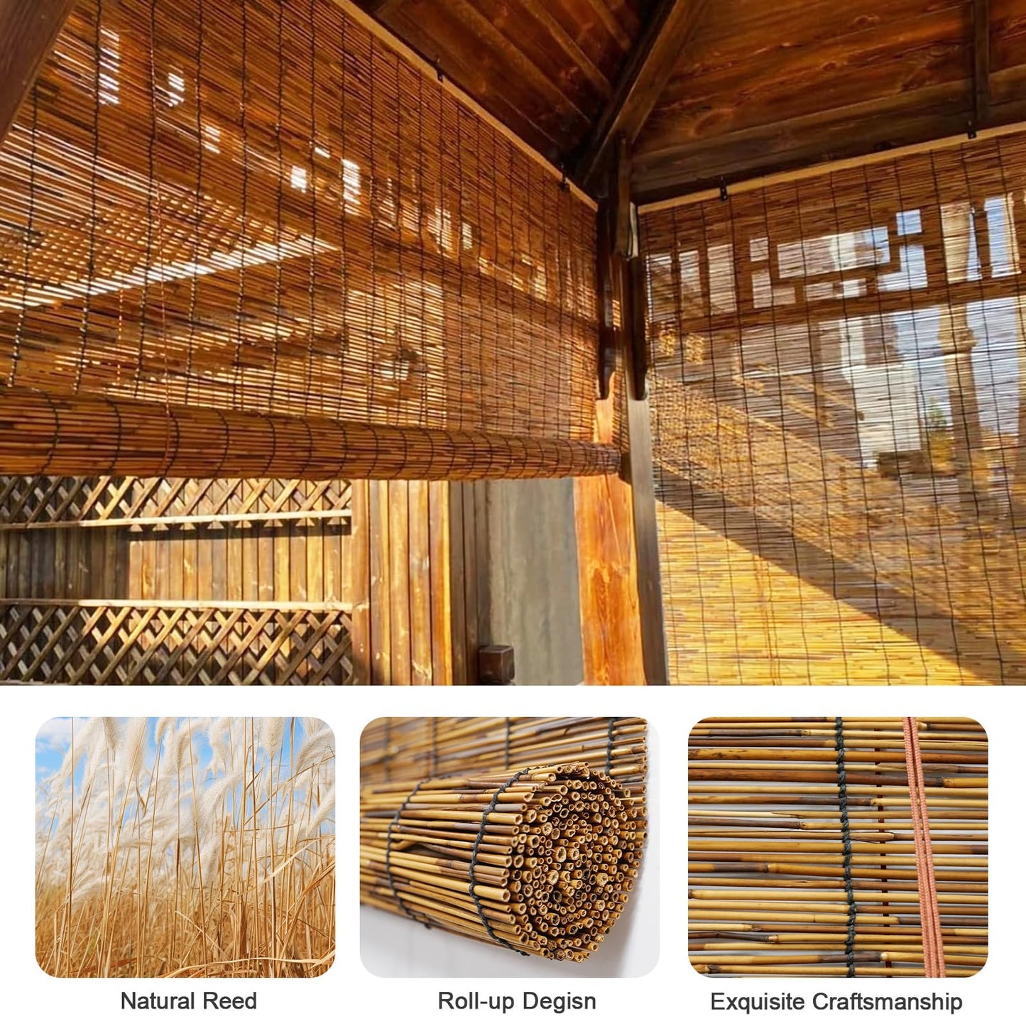 HIAPES Bamboo Blinds, Bamboo Shades for Outdoor Patio, Bamboo Shades for Patio, Sun Protection, Breathable, Bamboo Shades are Suitable for Decks, porches, Balconies, and backyards