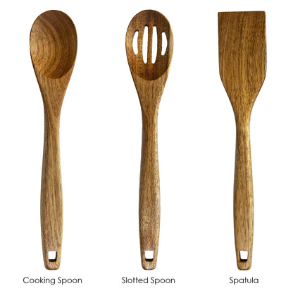 TB Home 3 Piece Acacia Wood Kitchen Utensils Set, Wooden Cooking Utensils Set