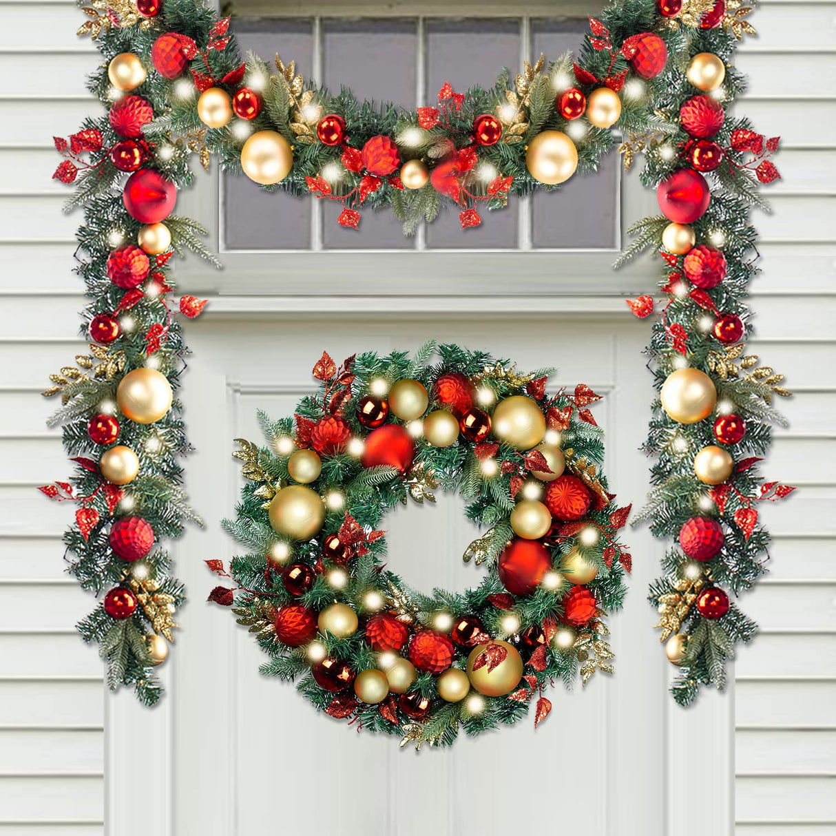 WANNA-CUL Pre-Lit 30 Inch Large Christmas Wreath for Front Door with 50 Led Lights,Luxury Red Gold Lighted Christmas Door Wreath Decor with Ball Ornaments, Battery Operated WANNA-CUL