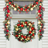 WANNA-CUL Pre-Lit 30 Inch Large Christmas Wreath for Front Door with 50 Led Lights,Luxury Red Gold Lighted Christmas Door Wreath Decor with Ball Ornaments, Battery Operated WANNA-CUL