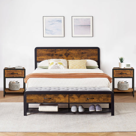 ELETHEBIA Rustic Brown 3-Piece Queen Bedroom Set with Platform Bed, Ottoman Bench, and Nightstands ELETHEBIA