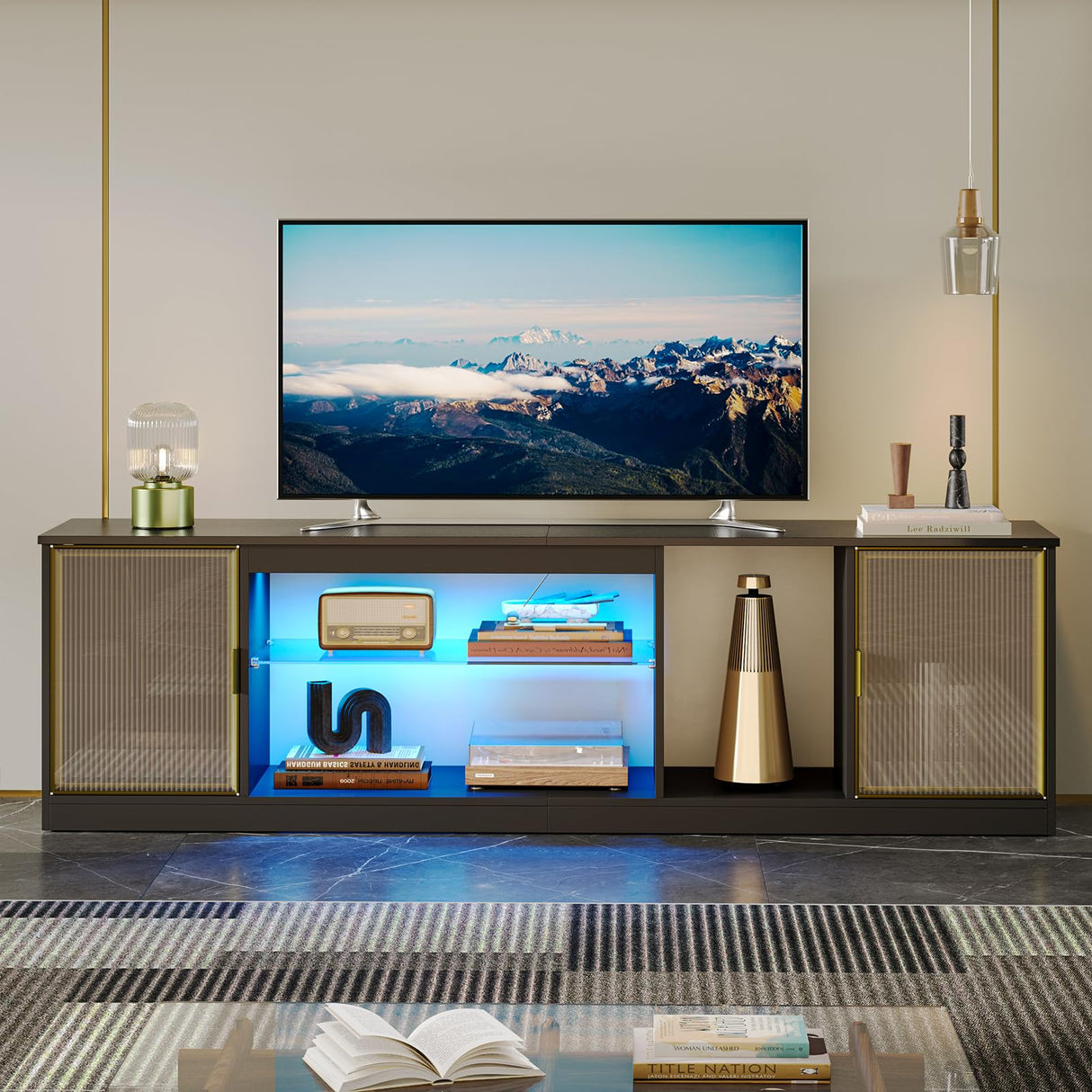 Bestier LED Gaming TV Stand for 80 inch TV, Large Entertainment Center with Storage Cabinet for PS5 Xbox, TV Console for Living Room Bedroom, Adjustable Glass Shelf & Acrylic Doors, Black Bestier