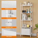 Furologee 5 Tier Bookshelf with Drawer, Tall Narrow Bookcase with Shelves, Wood and Metal Book Shelf Storage Organizer, Modern Display Standing Shelf Unit for Bedroom, Living Room, Office, White Furologee