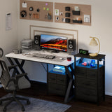 Furnulem Black Nightstand with Wood Shelf, Bedside Table with Led Light and Charging Station, 25.8 Inch End Table with 3 Fabric Storage Drawers, Small Side Table Night Stand for Bedroom Furniture Furnulem