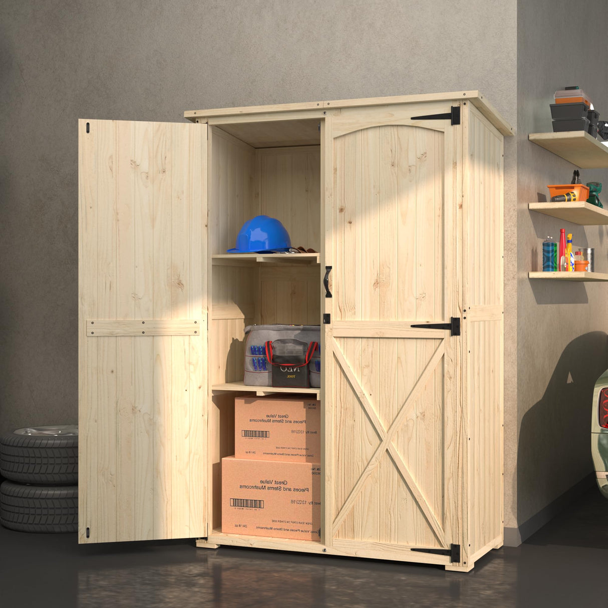 AECOJOY Outdoor Storage Shed with Waterproof Roof, Wooden Storage Cabinet Large Outdoor Shed Tool Shed with 2 Removable Shelves&Double Lockable Doors, Natural Wood AECOJOY