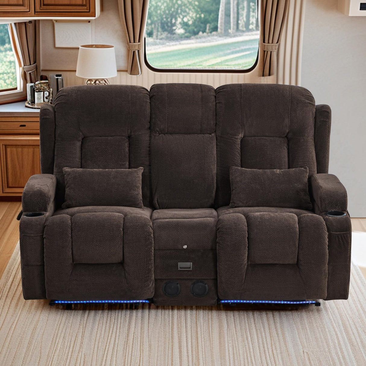 TUNYI Wall Hugger Power Loveseat Recliner - Reclining Loveseat with Console Theater Seating RV Recliner Sofa with USB/Outlet/Speaker/Cup Holder/LED Light/Storage (Beibei VelvetBrown) TUNYI