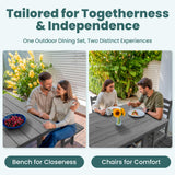 Pamapic 6 PCS Outdoor Dining Set, Spacious HDPE Outdoor Table with 4 Chairs and 1 Bench, Wood Grain Patio Furniture Sets with Elegant Armrest, All-Weather Patio Dining Table with Umbrella Hole, Gray Pamapic