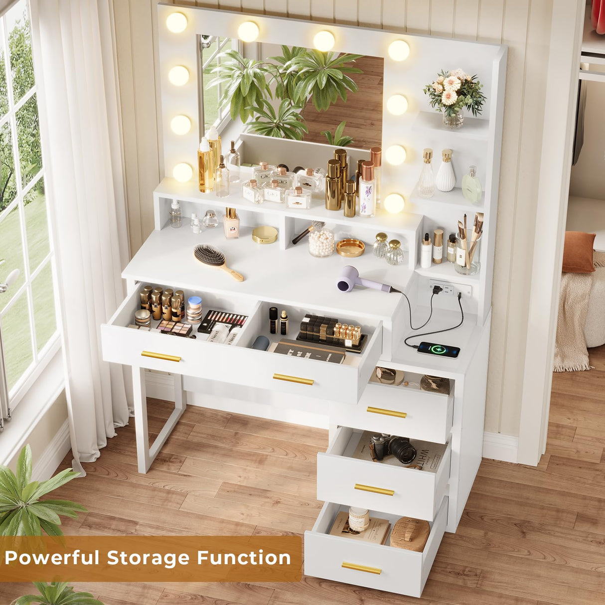 Tiptiper White Makeup Vanity with 10 Light Bulbs, Modern Vanity Desk with Mirror & 3 Lighting Modes, Vanity Table with 2 USB Ports and Outlets, Makeup Desk with Nightstand, Storage Shelves and Drawers Tiptiper