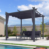 PURPLE LEAF 10' x 10' Pergola with Curtains Outdoor Retractable Pergola Patio Metal Shelter for Garden Porch Pavilion Dark Gray Frame Gazebo Modern Yard Grill Pergolas with Shade Canopy Navy Blue PURPLE LEAF