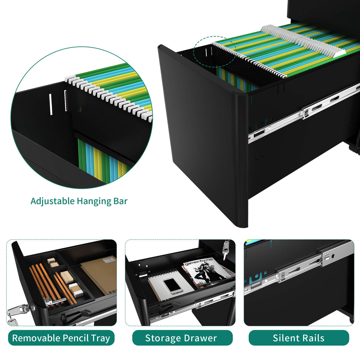 YITAHOME 3-Drawer Slim File Cabinet with Lock, Mobile Metal Office Storage Filing Cabinet, Legal/Letter Size, Pre-Assembled File Cabinet Except Wheels Under Desk - Black YITAHOME