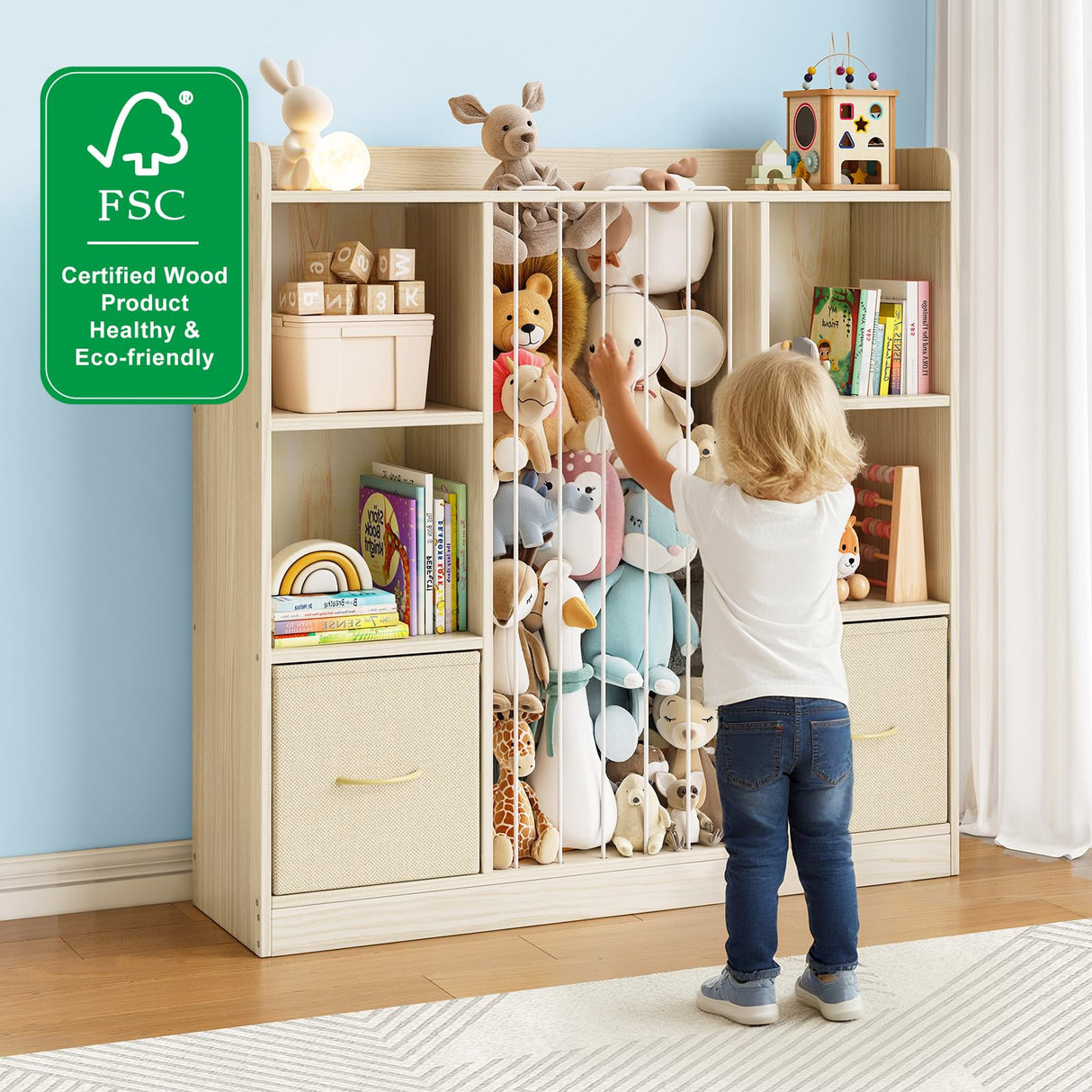 EXPERLAM Toy Storage Organizer with Stuffed Animal Storage, Wooden Toy Organizer & Stuffed Animal Zoo, 6 Cubes Shelf with Removable Drawers, 4 -in-1 Book Shelf for Kids Room, Playroom, Nursery EXPERLAM