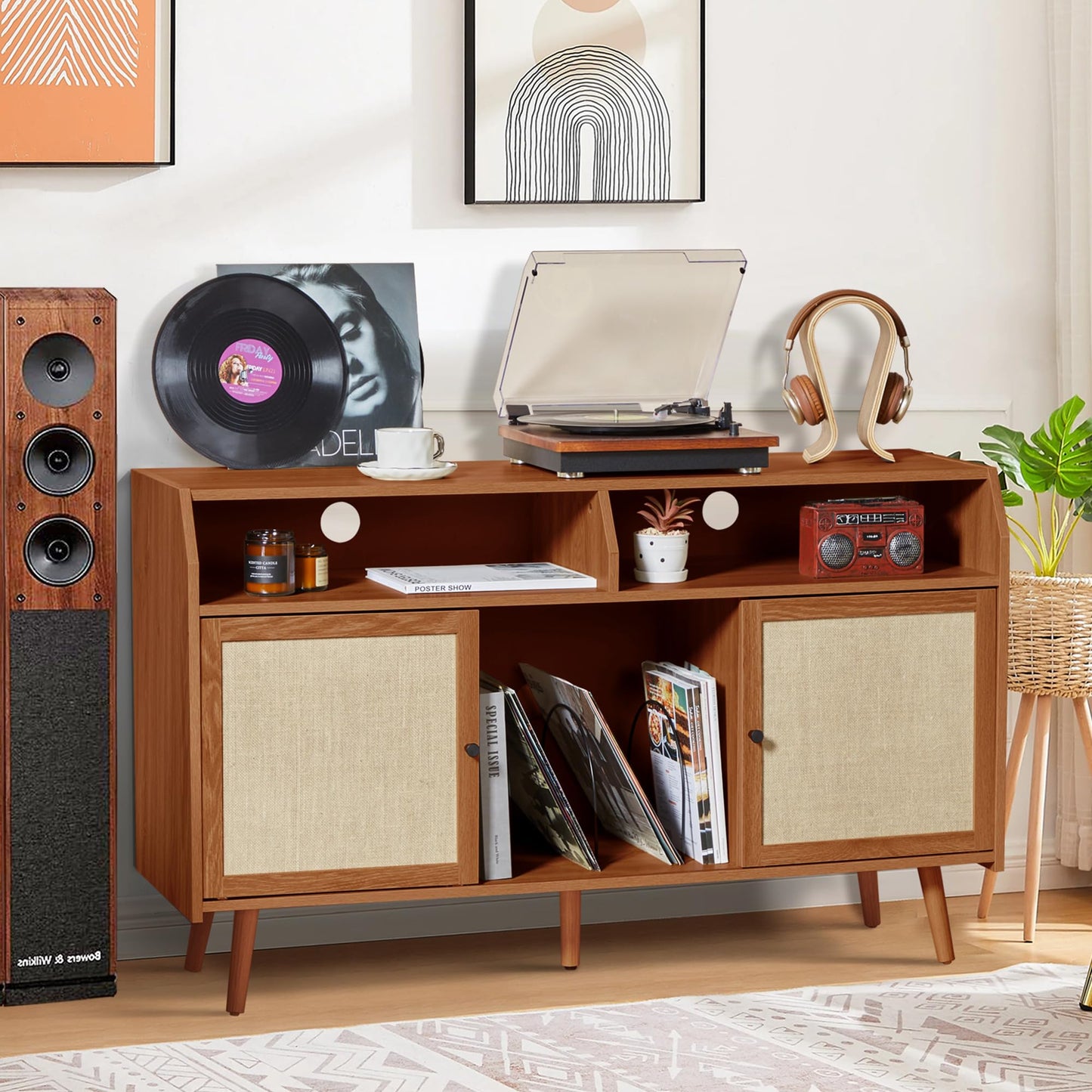 Large Record Player Stand, Mid Century Turntable Stand with Storage, Record Player Table with Slide Door, Vinyl Record Storage with Vinyl Display Shelf Holds Up to 400 Albums for Living Room (Walnut)