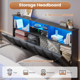 AOGLLATI Full Bed Frame with Stylish Bookcase Headboard & Charging Station & LED Lights,Full Size Bed Frame with 4 Storage Drawers, Led Bed Frame with Metal Slats, No Box Spring Needed,Black AOGLLATI