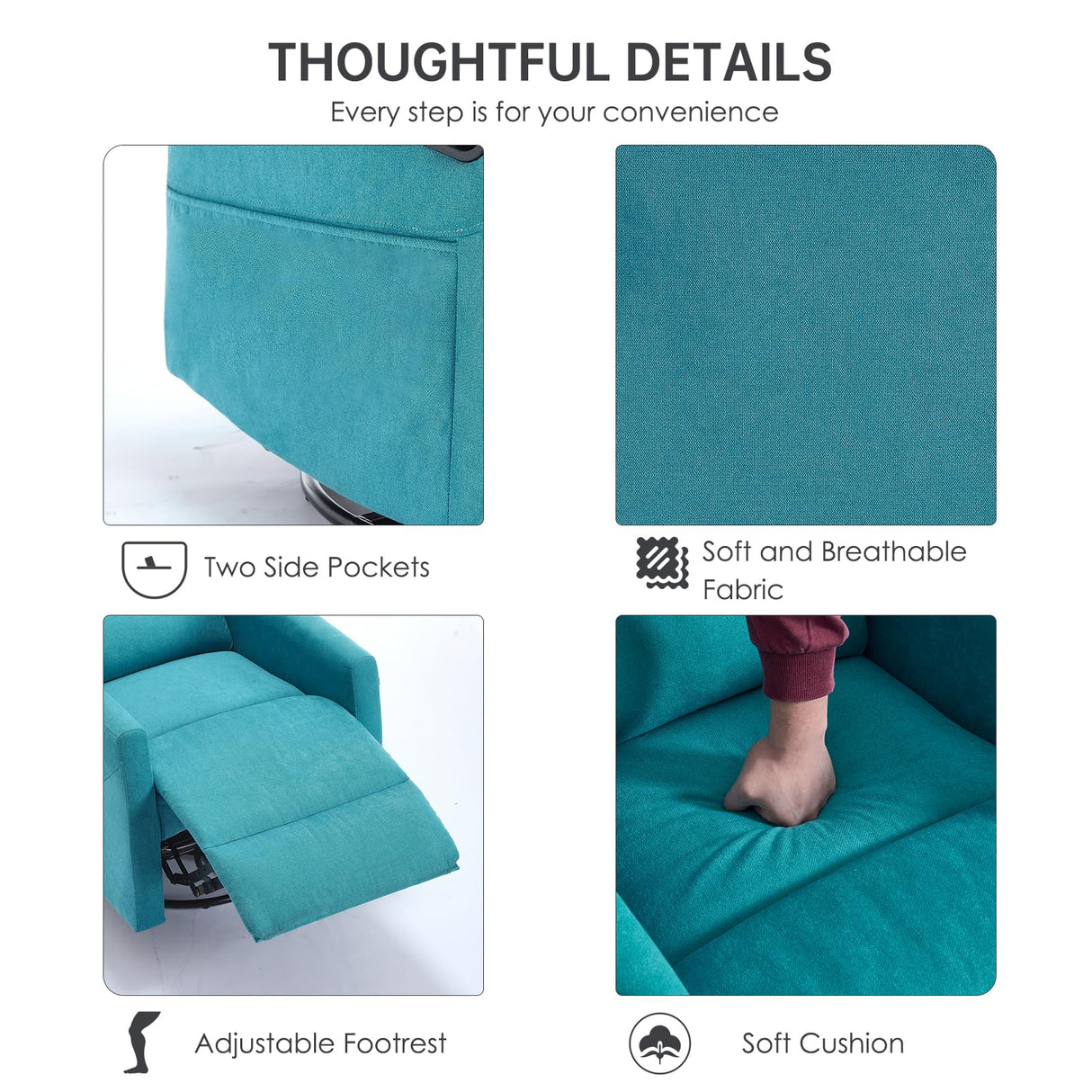 EZZUP 360° Swivel Recliner Chairs for Small Spaces, A Recliner with Side Pockets, Small Rocker Recliner for Living Room, Bedroom, Sky Blue Recliner Chair for Adults EZZUP