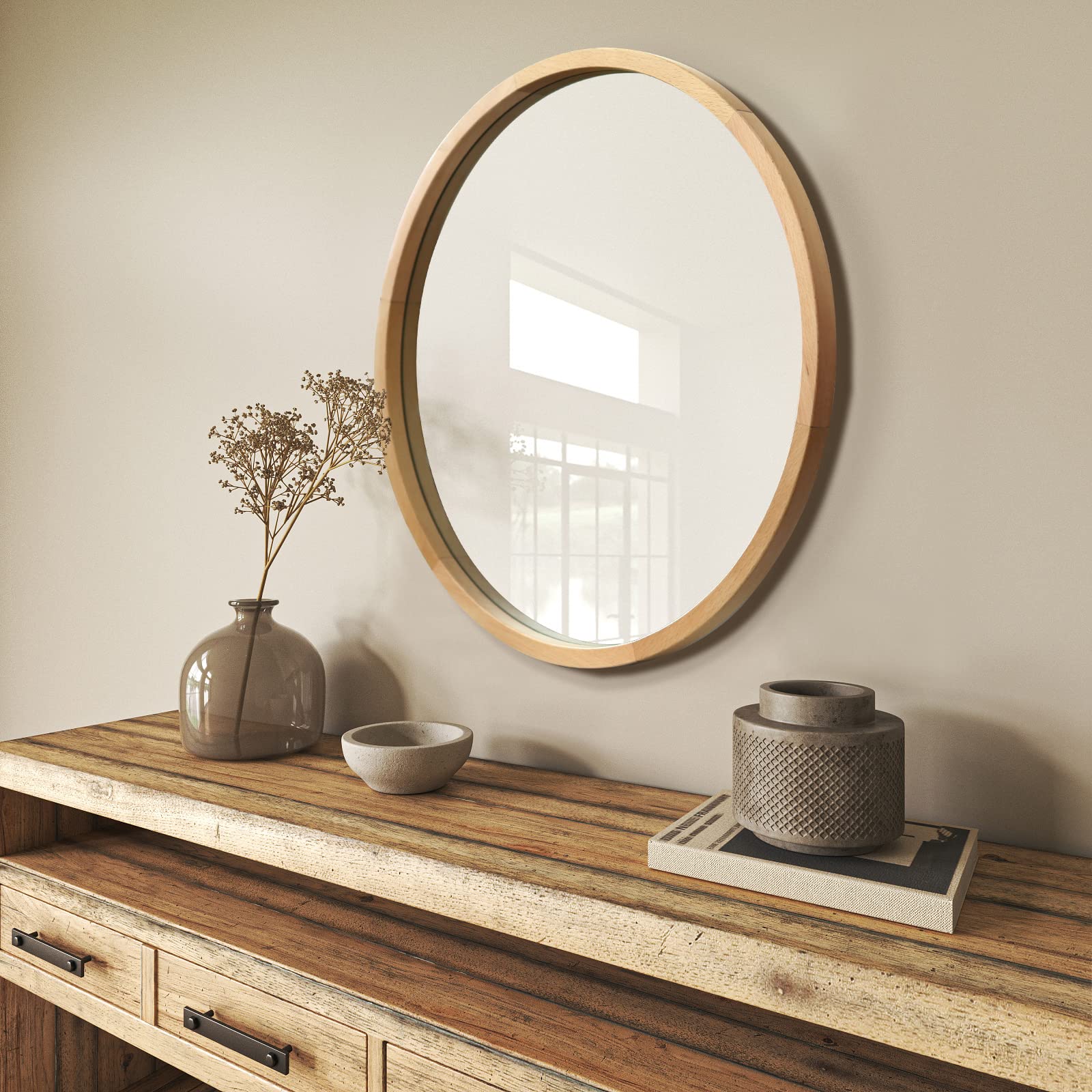 FUWU HOME Wood Round Mirror 24" Circle Wall Mirror Farmhouse Bathroom Vanity Mirror for Living Room Bedroom Entryway Modern Decoration (24" Freely Natural Beech Wood) - WoodArtSupply