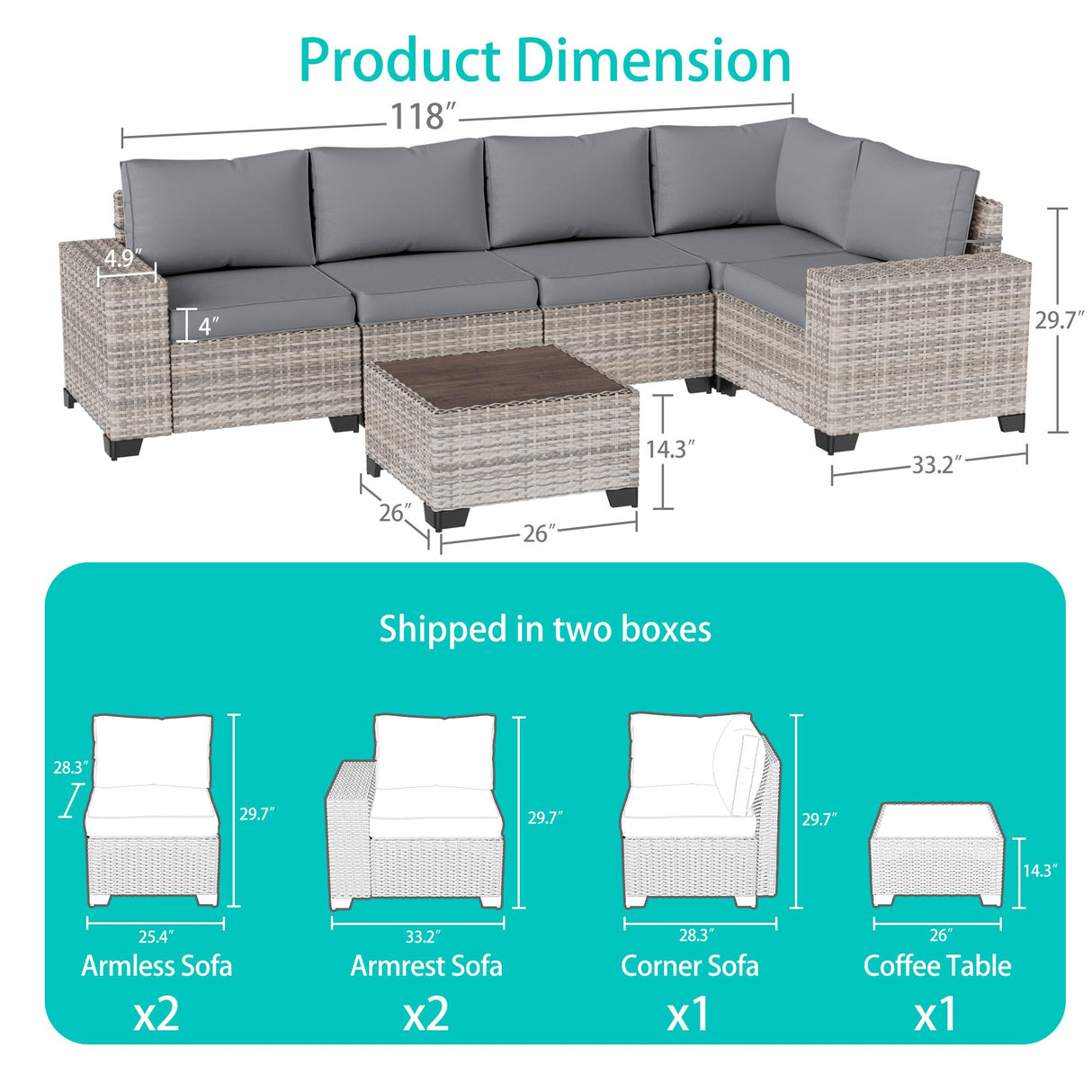 Muphyers 6-Piece Outdoor Patio Furniture Set Wicker Sectional Sofa Set, Patio Conversation Set with Thickened Cushions & Coffee Table for Garden, Backyard, Poolside, Grey Muphyers