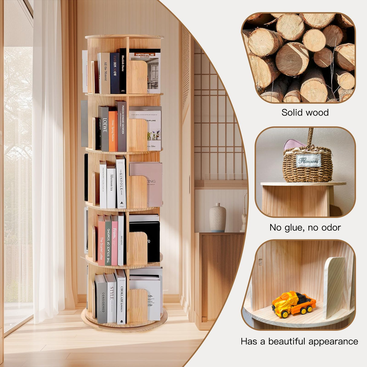 HZYHPDJY Rotating Bookshelf,360 Display Round 5 Tier Floor Standing Bookcase Storage Rack,Wood Spinning Bookshelf Tower for Bedroom,Living Room HZYHPDJY