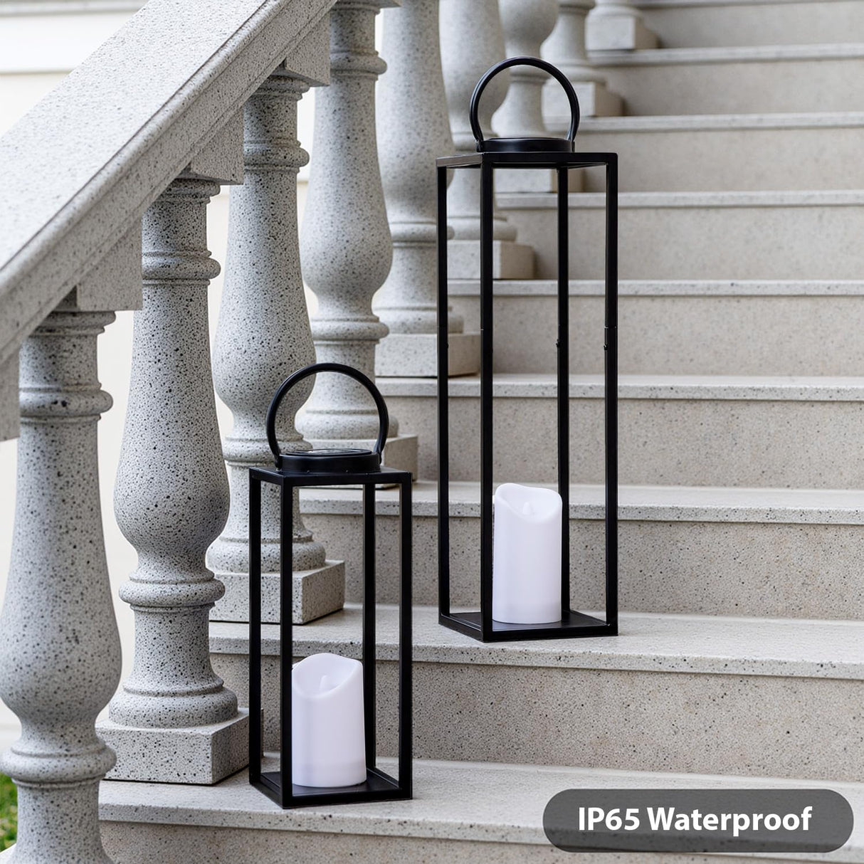 ALL FORTUNE Large Solar Outdoor Lanterns, 25" 16" Tall Farmhouse Black Metal Waterproof Decorative Lanterns with Solar Candles for Front Porch, Patio, Christmas, Fall Decor- Set of 2 ALL FORTUNE