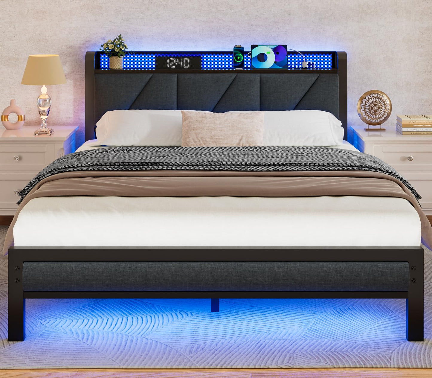 Furnulem Queen Size Bed Frame with Headboard and LED Lights,Upholstered Bedframe with Charging Station and USB Port, Platform Metal Bed Frame,No Box Spring Needed, Noise Free