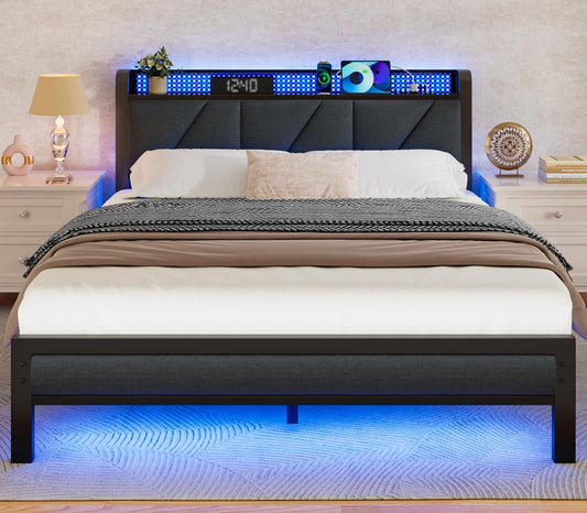 Furnulem Rustic Brown Queen Size Bed Frame with LED Headboard, USB Charging Station and Under-Bed Storage - WoodArtSupply