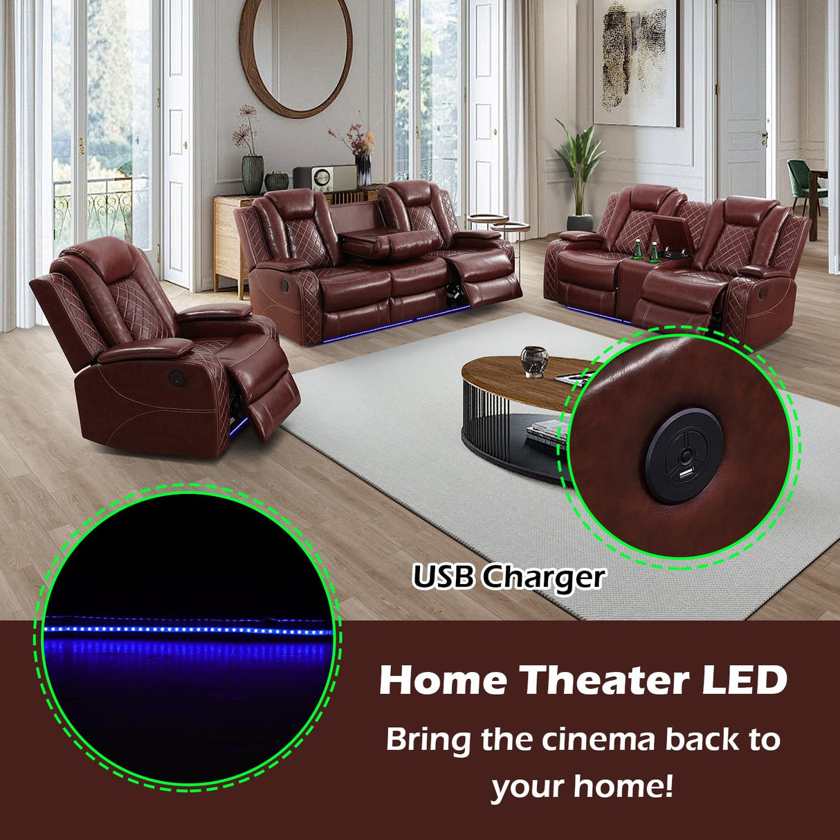 SIENWIEY Power Recliner Sofa Set with LED Lights, Leather Reclining Sofa Set for Living Room, Leather Couch Set with USB Charging，Burgundy，Sofa+Loveseat+Chair 3 Pieces SIENWIEY