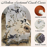 VClife Boho Beige Floral Birds Couch Cover Soft Thick Cotton Linen Farmhouse Sofa Cover for 3 Cushion Couch Sofa, Breathable Non-Slip Sectional Sofa Protector 1 PC Futon L Shpe Slipcover with Tassels VClife