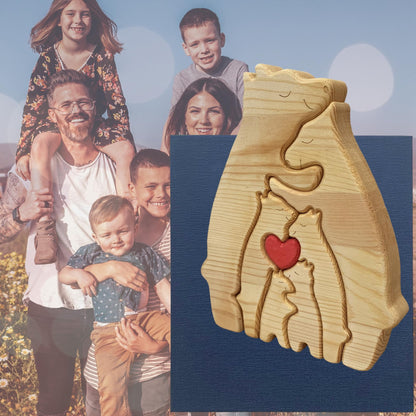 2-10 Personalized Name Carved Wood Sign, Customized Bear Family Wooden Puzzle Table Decor, Kids Gift Custom (6 Members with Heart) - WoodArtSupply