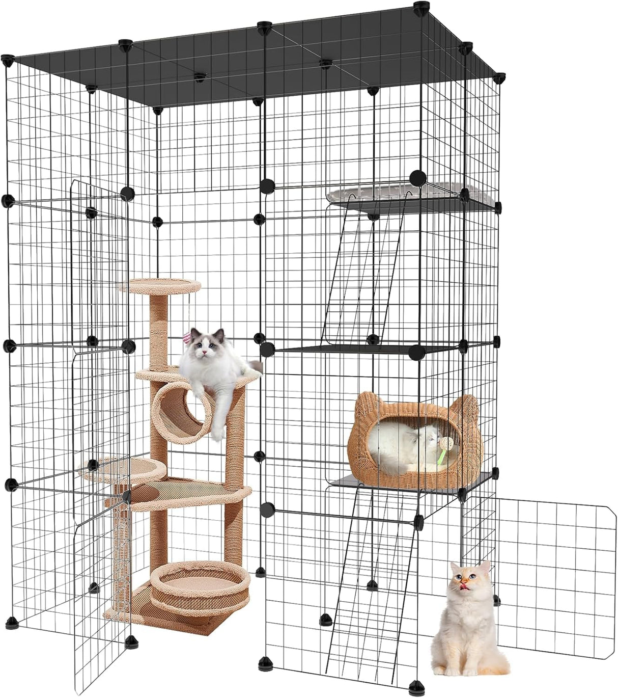 Large Cat Cage,4-Tier Catio Outdoor Cat Enclosure,DIY Cat Kennel,Cat Cages Indoor and Outdoor for 1-3 Cats MEXMIODY