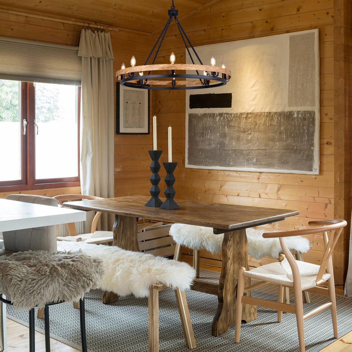 Wellmet Rustic Chandelier, Wood Painted Chandelier, 8-Light Farmhouse Wagon Wheel Chandelier for Living Room, Dining Room, Bedroom, Corridor, Hallway, Entryway Wellmet