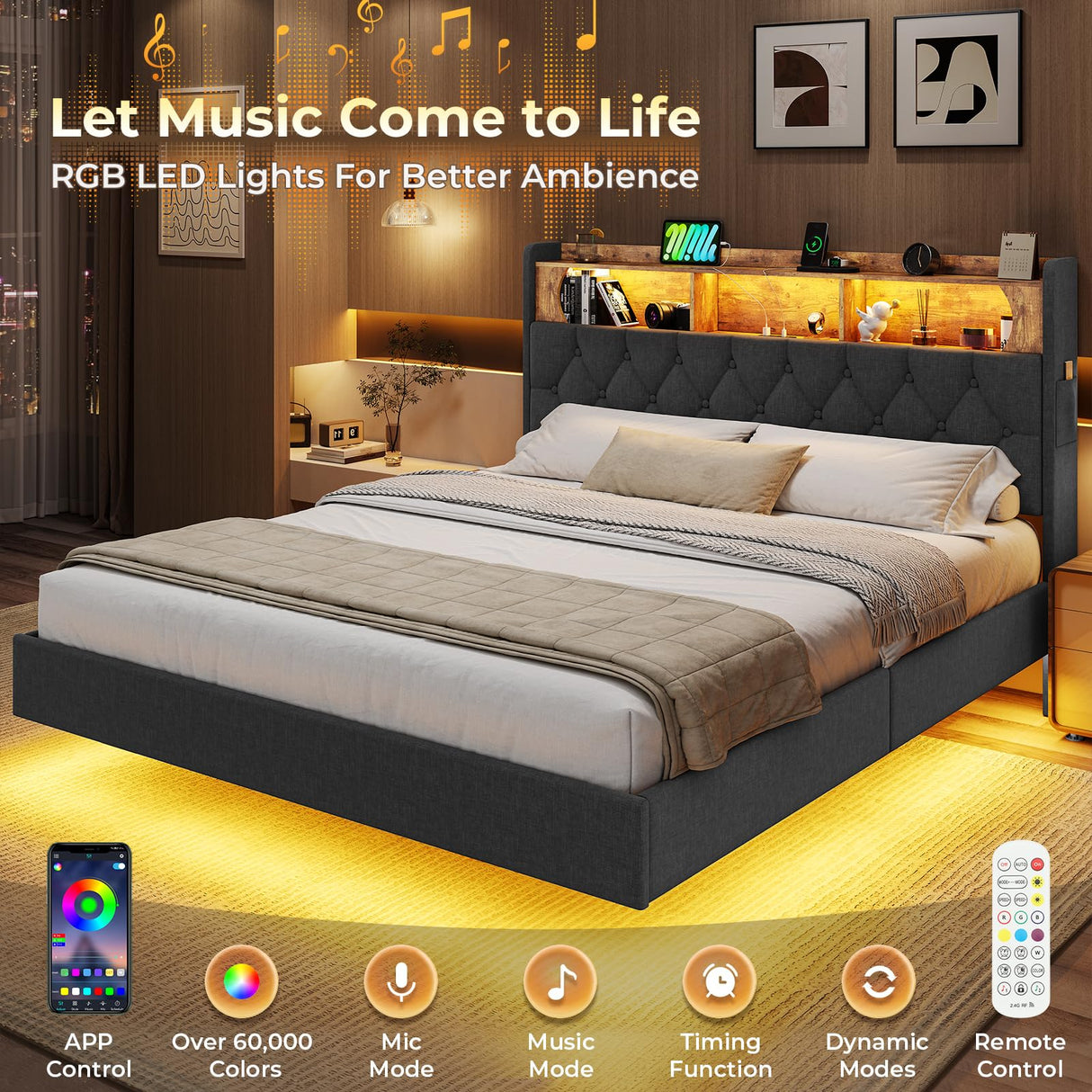 Floating Queen Bed Frame with RGB LED Headboard, USB Ports & Storage - ADORNEVE Dark Gray Upholstered Platform ADORNEVE