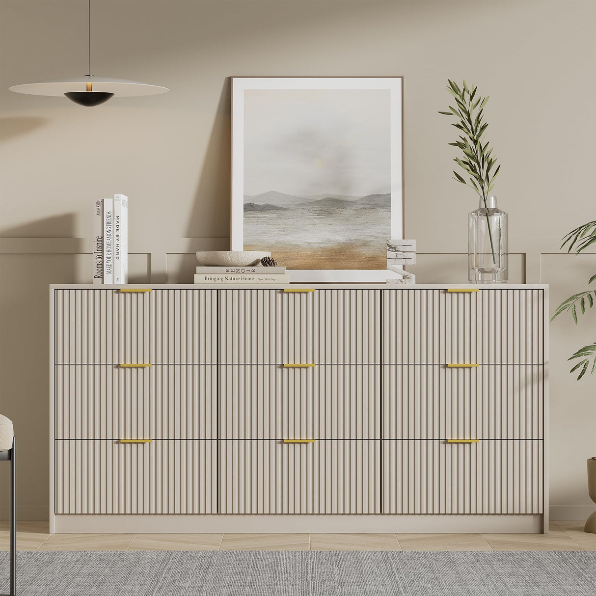 Furniway Beige Dresser for Bedroom, Modern Dresser with 9 Drawers and Smooth Slides, Wide Chest of Drawers with Golden Handles for Bedroom, Living Room, Closet, 15.7" D x 63" W x 31.5" H Furniway
