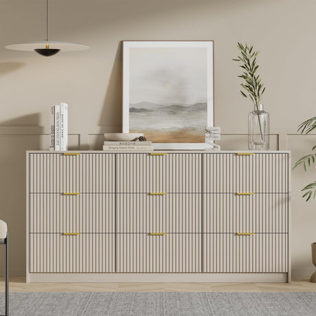 Furniway Beige Dresser for Bedroom, Modern Dresser with 9 Drawers and Smooth Slides, Wide Chest of Drawers with Golden Handles for Bedroom, Living Room, Closet, 15.7" D x 63" W x 31.5" H Furniway