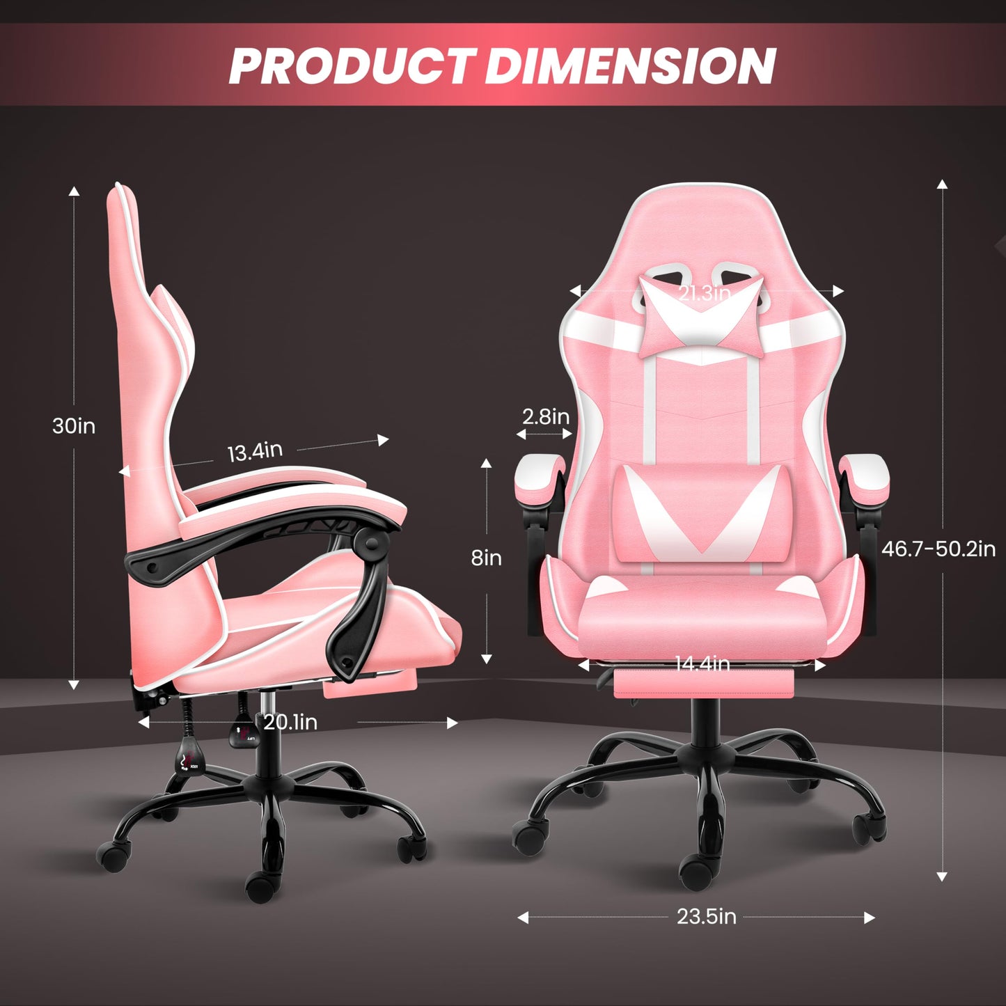 YSSOA Gaming Chair, Computer Chair with Footrest, Height Adjustable & 90°-135° Tilt Function, Swivel Recliner Ergonomic Racing Style Video Game Chair with Lumbar Support (Pink/White)