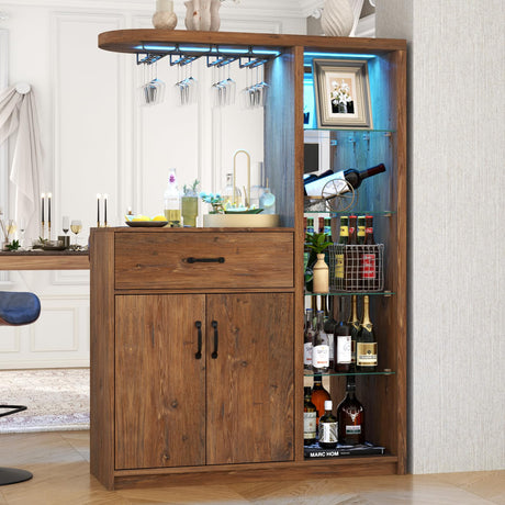 Storage Cabinet with LED Light,Modern Display Cabinet with Wine Glass Holder,Freestanding Entryway Storage Unit Console Table with 4 Tempered Glass Shelves for Living Room, Kitchen (Vintage Brown) Loomie