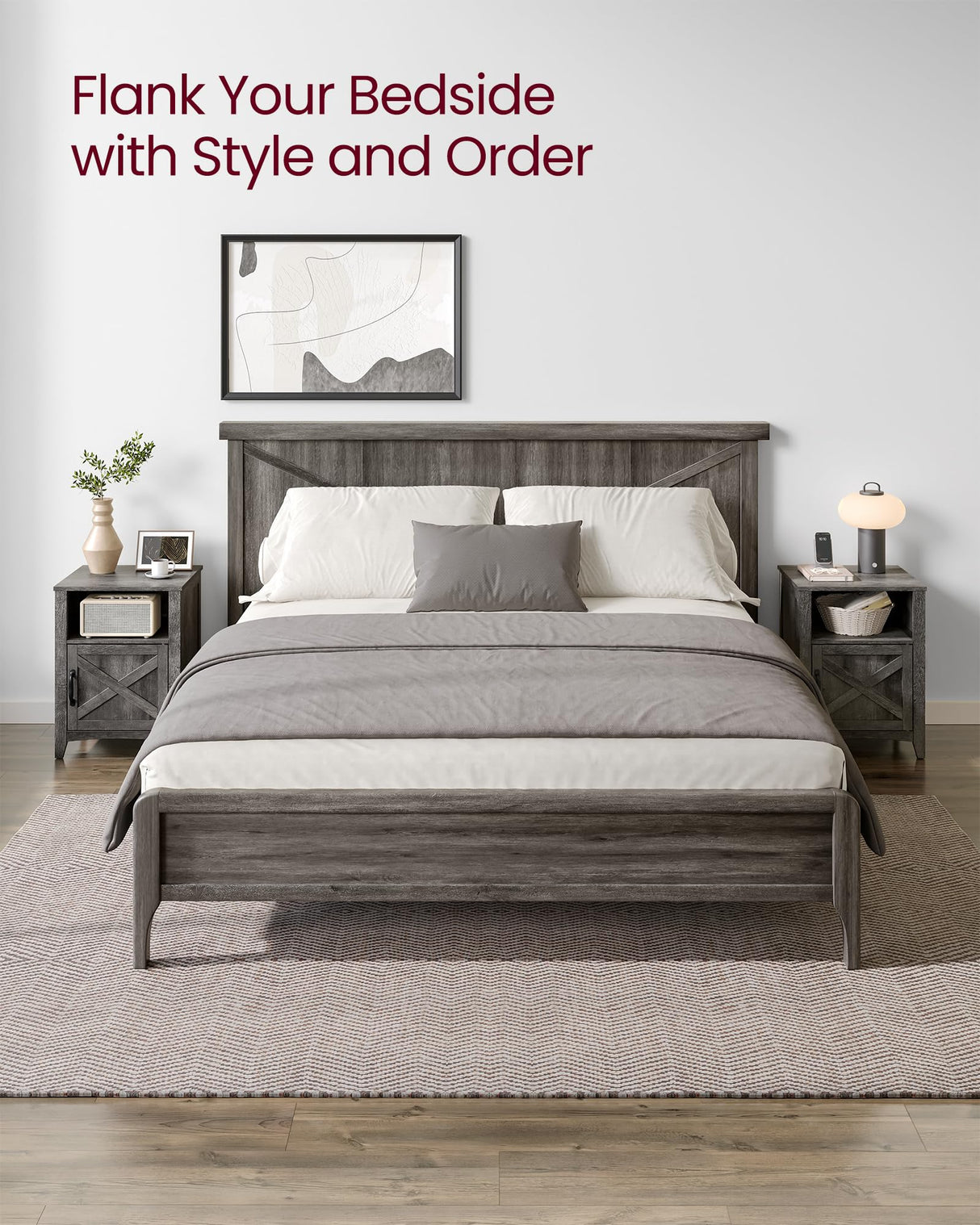 VASAGLE Farmhouse Nightstand with Barn Door, Set of 2, Bedside Table with Storage, Side End Table, Night Stand with Open Compartment, for Bedroom, Misty Gray ULET809G68 VASAGLE