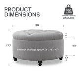 HUIMO 30-Inch Round Storage Ottoman, Modern Button Tufted Coffee Table with Removeable Top, Upholstered Ottoman with Storage Footrest Stool for Living Room, Bedroom and Office(Grey) HUIMO