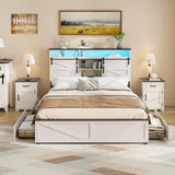 Maupvit Full Size Farmhouse Bed Frame with 4 Drawers and LED Light, Sliding Barn Door Storage Shelves and Charging Station Metal Platform Bed Frame No Box Spring Needed, White Maupvit