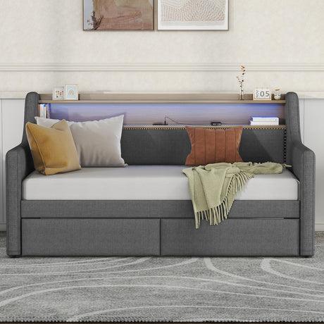 SLEERWAY Twin Daybed Frame, Linen Upholstered Day Bed with 2 Drawers, Headboard Storage Shelves, Charging Station and LED Lights, Wooden Daybed Sofa Bed for Home Living Room Bedroom, Grey SLEERWAY