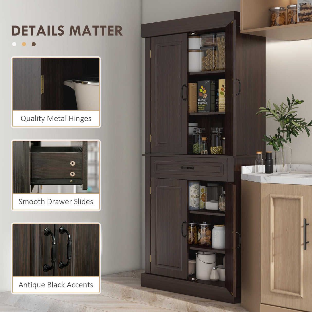 HOMCOM 71" Freestanding Kitchen Pantry Cabinet, Tall Storage Cabinet with 4 Doors and Drawer for Dining Room, Coffee HOMCOM