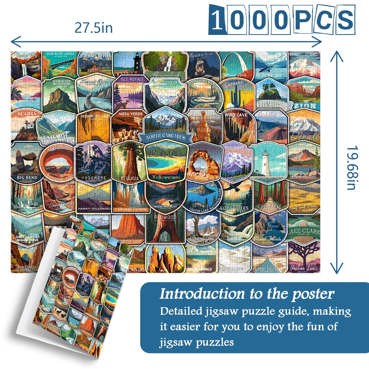 PICKFORU National Parks Puzzles for Adults 1000 Pieces and up, National Parks Stickers Puzzle Collects Yellowstone Yosemite Zion Glacier, National Park Poster Jigsaw Puzzles as Home Decor PICKFORU