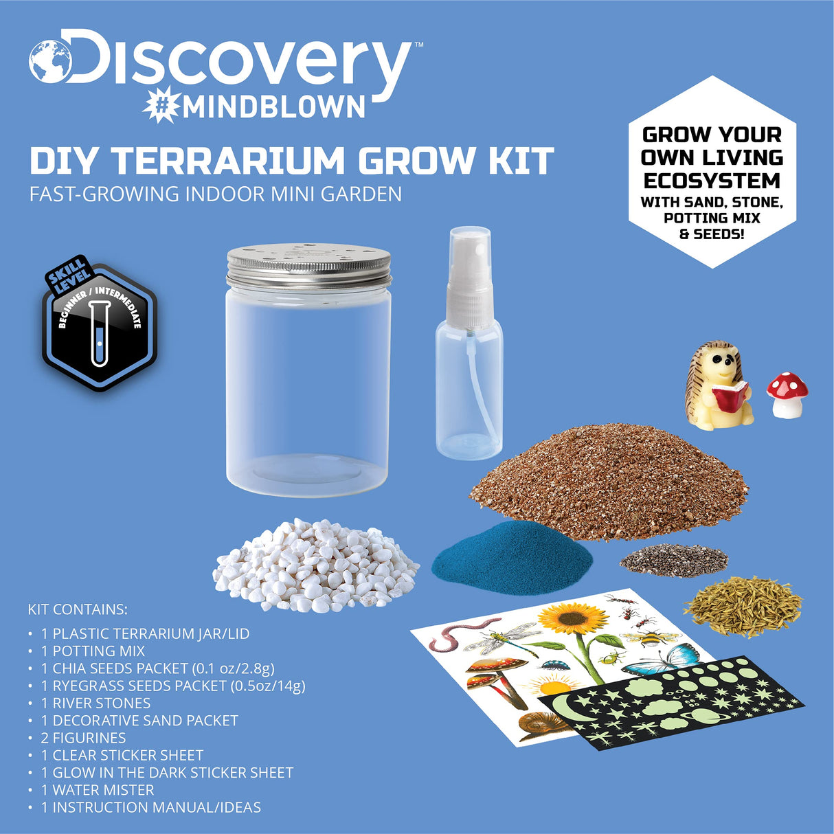 Discovery #MINDBLOWN DIY Terrarium Grow Kit, Fast-Growing Indoor Mini Garden, Create A Living Ecosystem, Includes Sand, Seeds, Potting Mix, Stones and More Discovery Kids