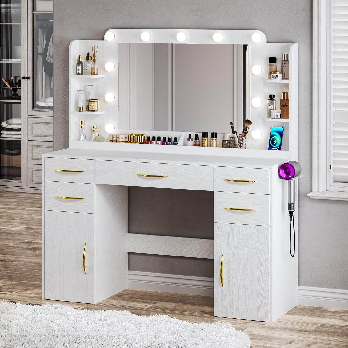 ALEXNUTRE Makeup Vanity Desk with Lights, Large Vanity Desk with Mirror and Lights in 3 Models, Vanity with Power Outlet, Vanity Desk with 5 Drawers, 2 Cabinets, Shelves, White Vanity for Bedroom