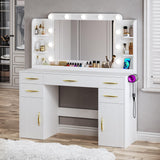 ALEXNUTRE Makeup Vanity Desk with Lights, Large Vanity Desk with Mirror and Lights in 3 Models, Vanity with Power Outlet, Vanity Desk with 5 Drawers, 2 Cabinets, Shelves, White Vanity for Bedroom ALEXNUTRE