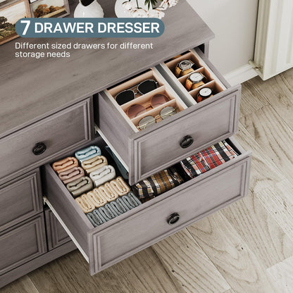 Modern 7 Drawer Dresser Gray Dressers for Bedroom, Wood Dresser with Drawers for Clothes Storage, 47" Long Dresser with Textured Borders Deep Drawer, Chest of Drawers Closet Organizers for Be - WoodArtSupply