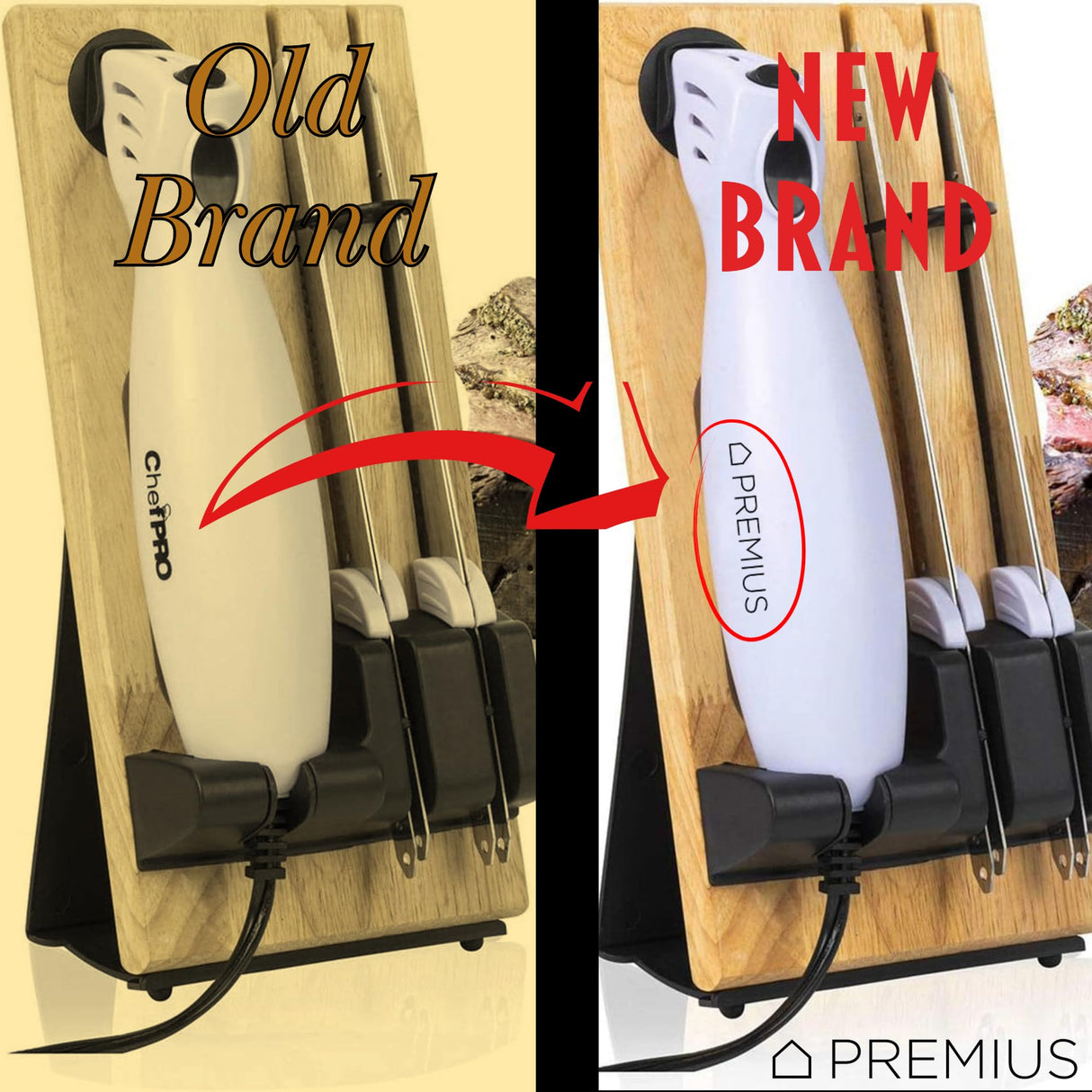 SERRATED CARVING ELECTRIC KNIFE SET By Chef PRO, With Wooden Storage Block, 2 Interchangeable Stainless-Steel Blades, Precise Cutting and Carving of Meats, Fruits, Breads, Comfortable Design, White Chef Pro