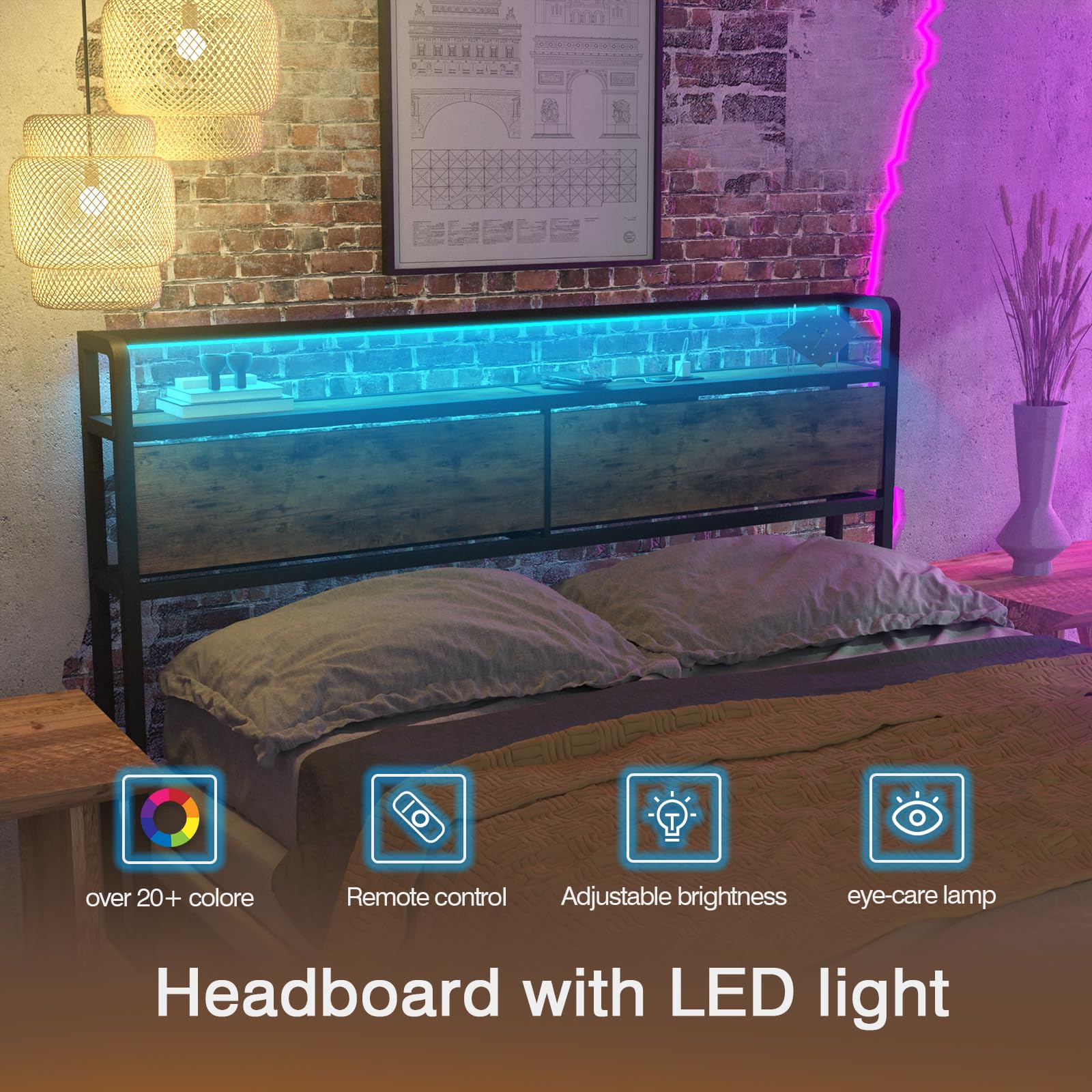 Curotunk Retro LED Queen Size Headboard with Storage and USB Charging - WoodArtSupply