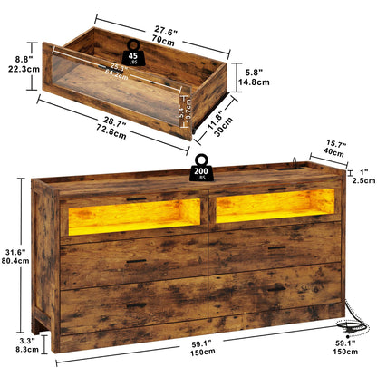 LIKIMIO 6 Drawer 59" Dresser with LED and Power Strip, Wood Dressers & Chests of Drawers for Bedroom Living Room, Rustic Brown